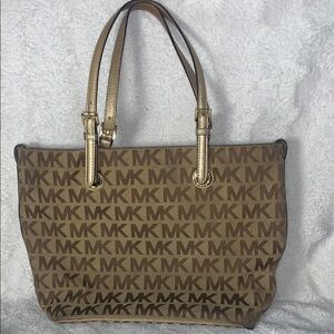 Michael Kors Brown Monogram Tote with Leather Trim